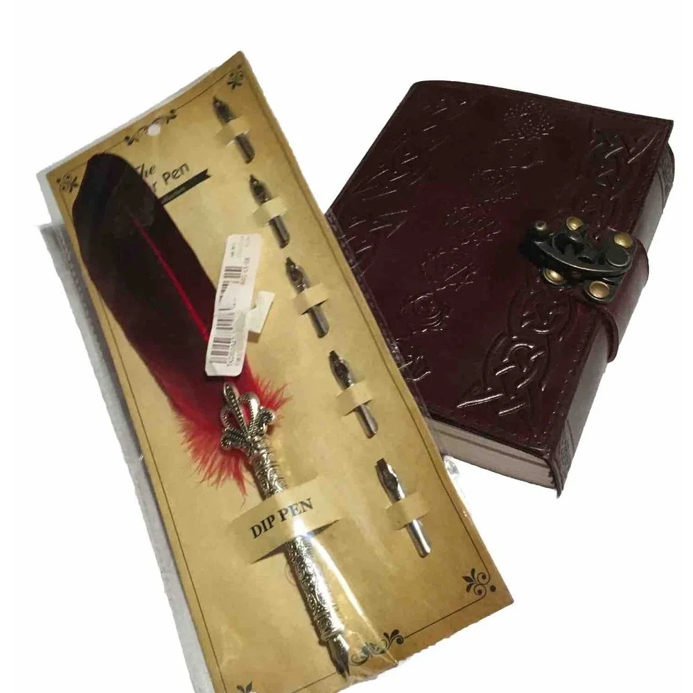 Feather Quill Dip Pen and Faux Leather Celtic Journal ( No Ink Well)